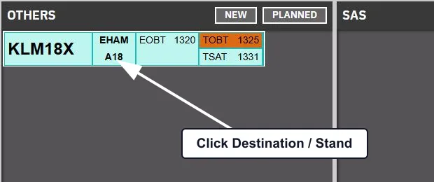 An uncleared KLM18X strip with an arrow pointing to the Destination and Stand block