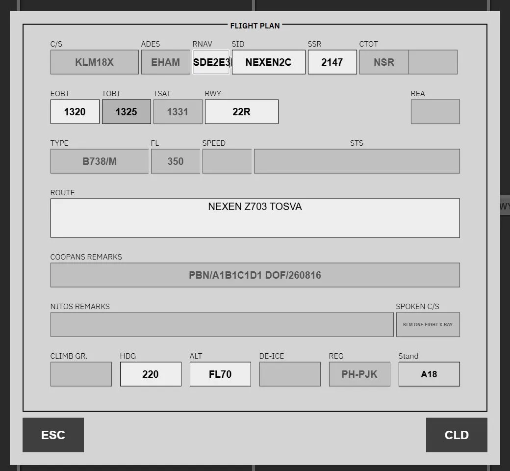 The Flight Strips flight-plan window showing the automatic data and editable clearance controls