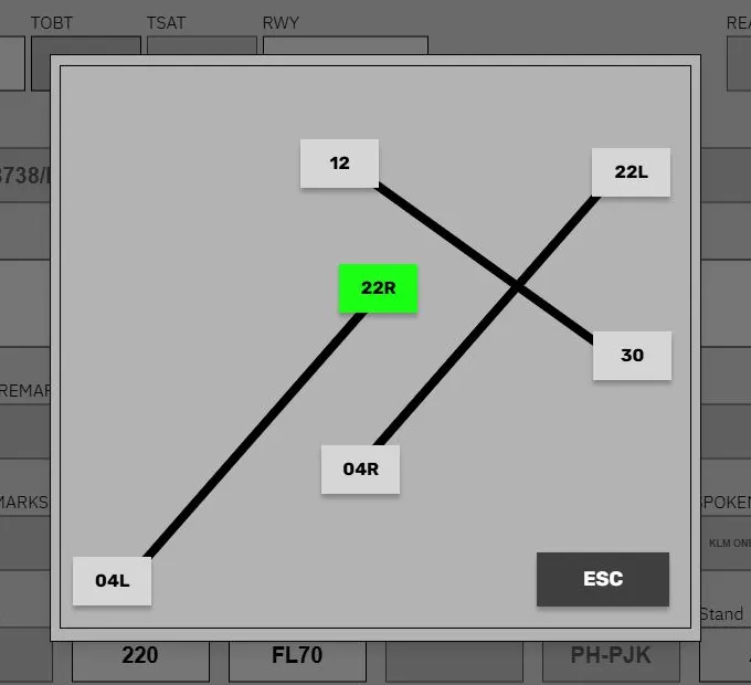 The departure runway selector with runway 22R selected