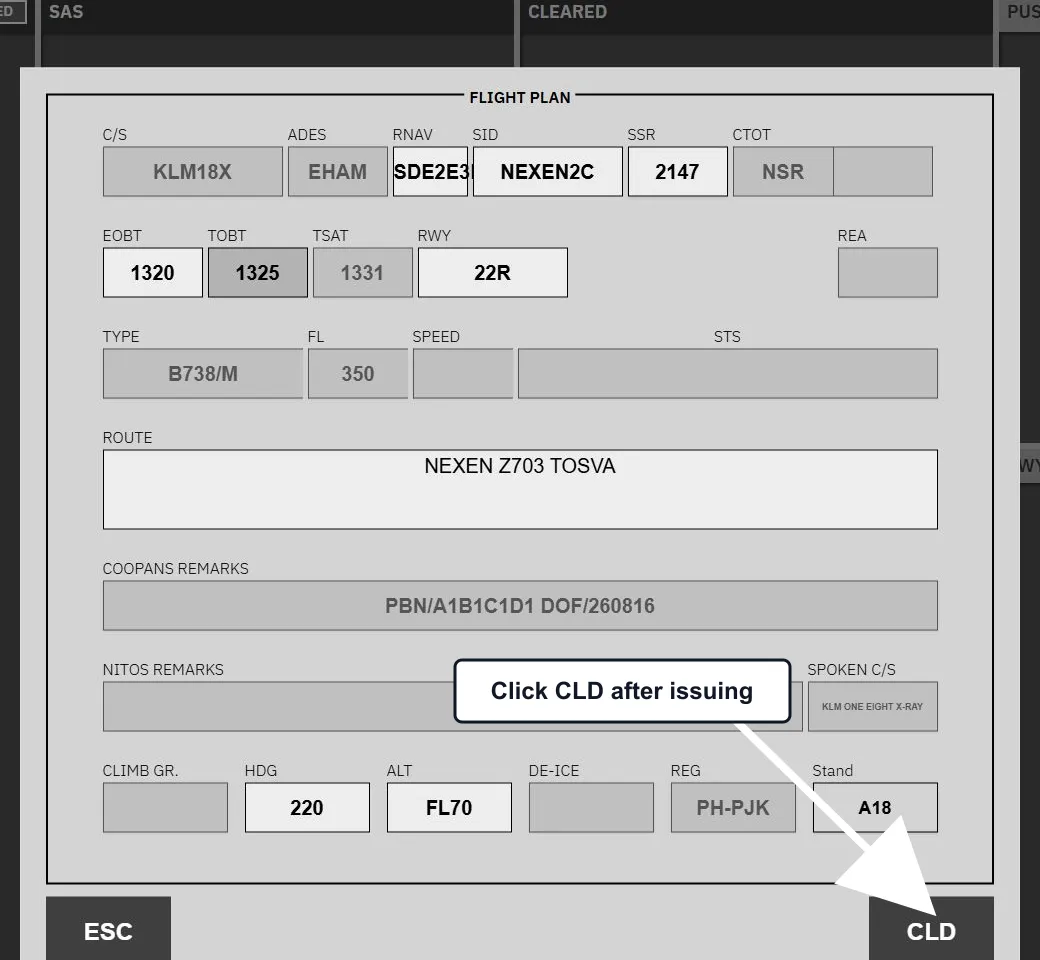 The flight-plan window with an arrow pointing to the CLD button