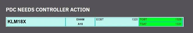 A PDC strip with its callsign blinking grey
